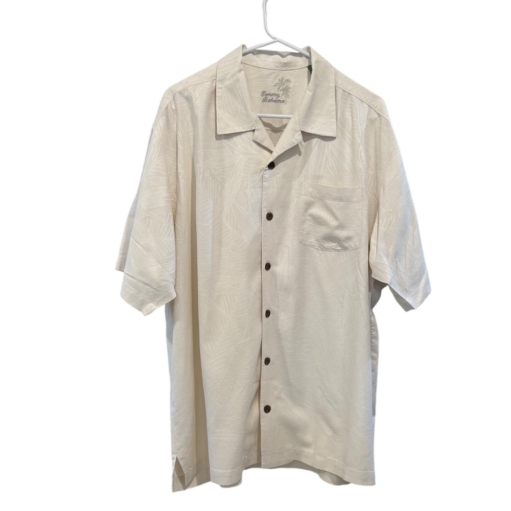 Tommy Bahama Mens XL Silk Jacquard Tropical Leaf Camp Shirt Cream Short Sleeve